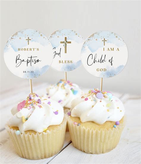 Blue Gold Baptism Cupcake Toppers Boy Christening Cupcake Etsy