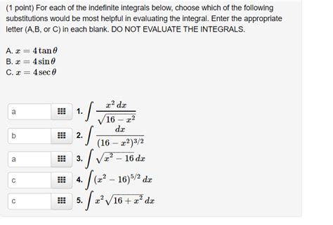 Solved 1 Point For Each Of The Indefinite Integrals Below