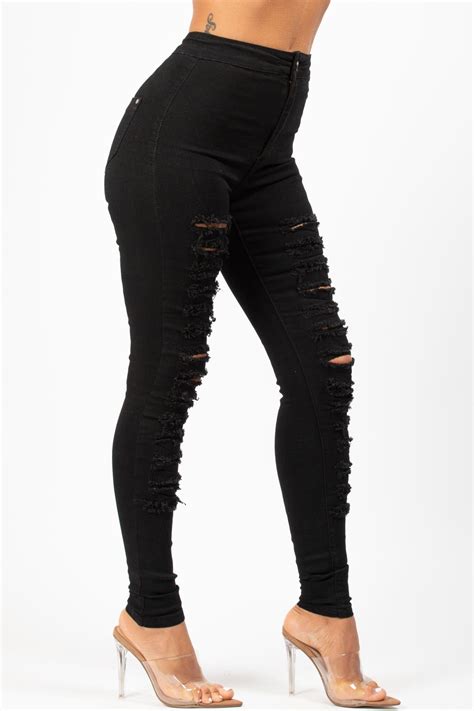 Womens Black Ripped Skinny Jeans High Waisted Uk