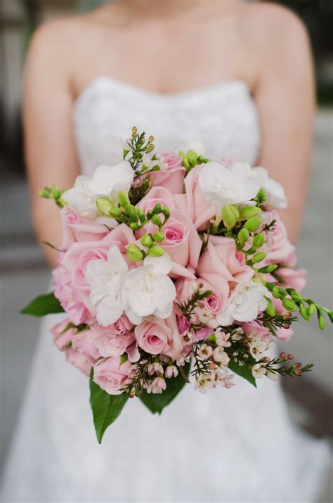 Gorgeous Bouquet Of Pink Roses White Freesia Pink Wax