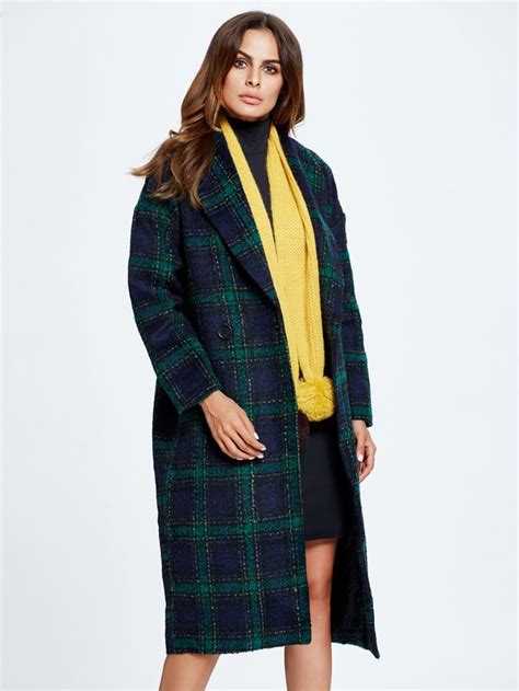 Green Plaid Lapel Double Breasted Wool Blend Longline Coat Abaday