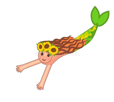 Cute Mermaid With A Wreath Of Sunflowers Floating Stock Vector