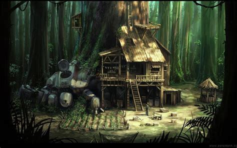 Brown Wooden House Surrounded By Trees Illustration Anime Forest