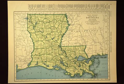 Louisiana Map Louisiana Vintage 1940s Original Green Blue T Etsy