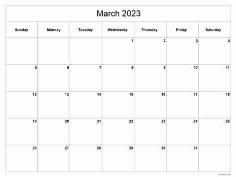 Printable March 2023 Calendar Classic Blank Sheet