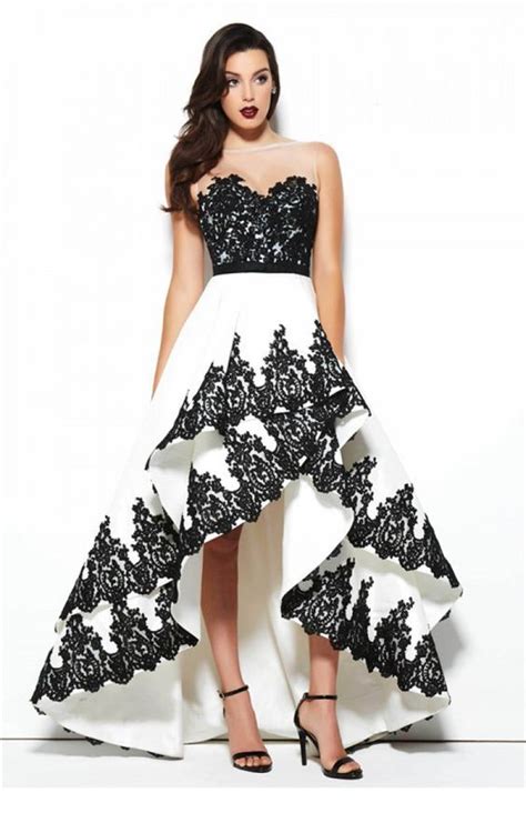 Lovely Illusion Neckline High Low White And Black Taffeta Lace Prom Dress