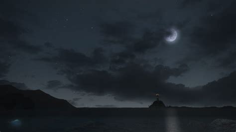 Digital Art Minimalism Landscape Lighthouse Night Moon Clouds