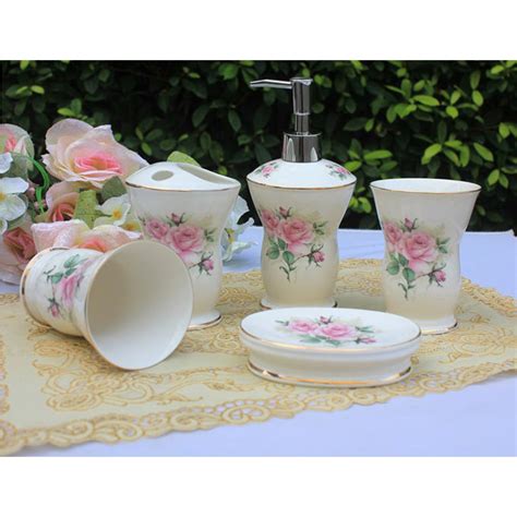 Ustarail Ceramic Bathroom 5 Pieces Set Supplies Pink Elegant Rose