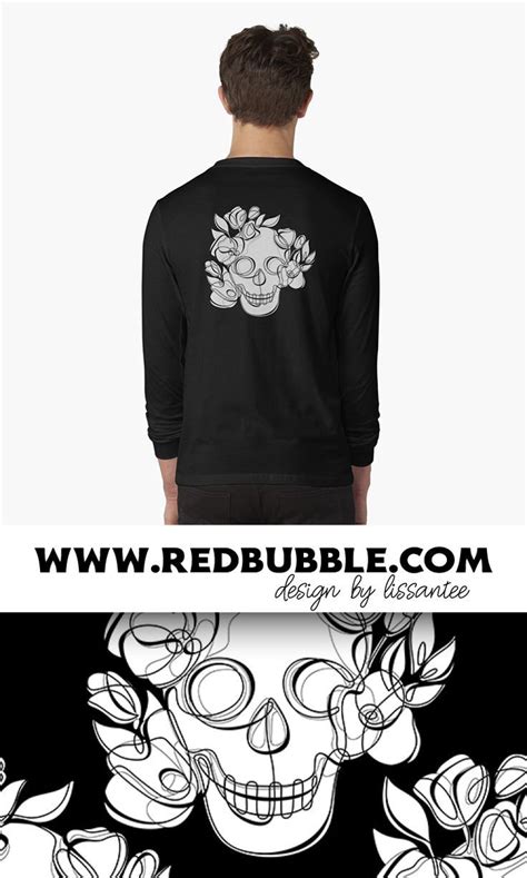 Minimalistic Continuous Line Skull With Poppies Long Sleeve T Shirt By