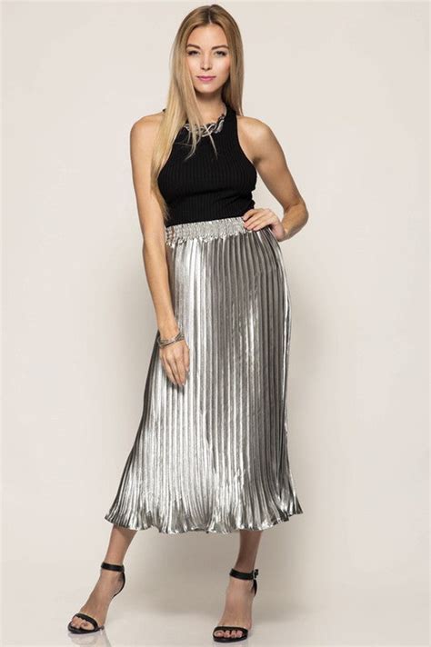 metallic midi skirt with pleats and elastic waistline dress album