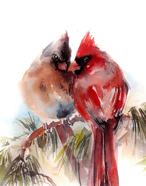 Couple Cardinal Birds Art Print Watercolor Painting Of Birds Red