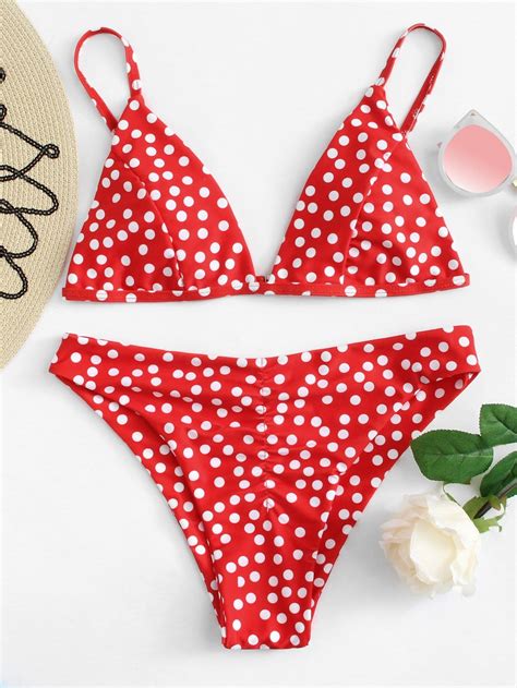 Ruched Detail Polka Dot Bikini Set Shein