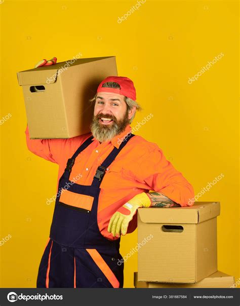 Bearded Man Courier Hold Boxes Moving To New Apartment Post Service