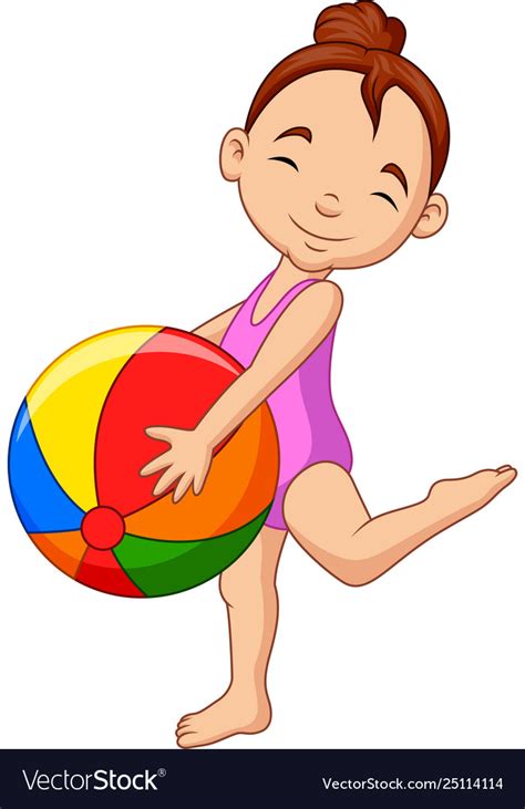 Cartoon Happy Girl Holding A Beach Ball Royalty Free Vector
