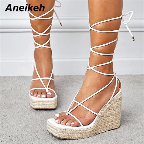 Aneikeh 2022 Summer New Fashion Pinch Toe Wedges Heels Women Sandals PU