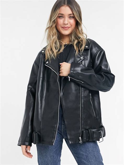 Longline Oversized Faux Leather Biker Jacket In Black Asos Design