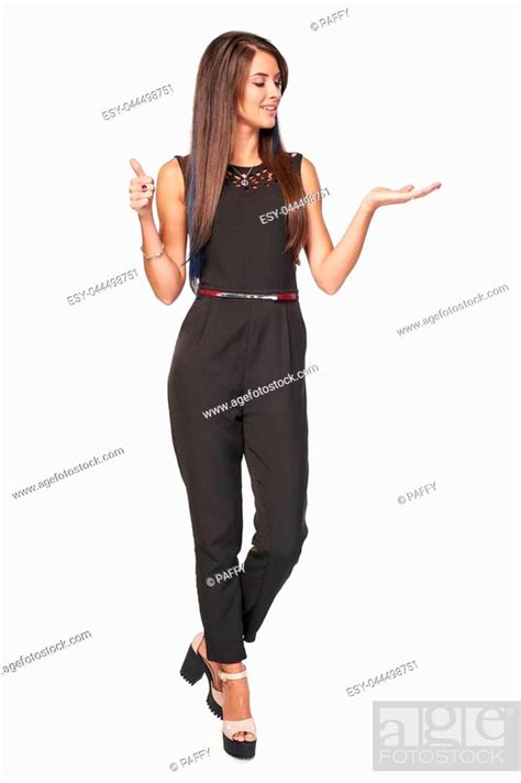 Full Length Business Woman Showing Holding On The Palm Blank Copy Space