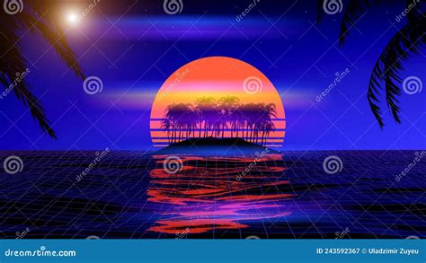 3d Tropical Sunset With Island And Palm Trees Ocean And Neon Sun In