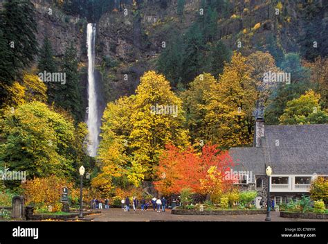 Multnomah Falls And Lodge With Trees In Fall Color Columbia River