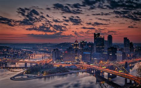 evening, Bridges, Houses, Usa, Clouds, Pennsylvania, Pittsburgh, Cities ...