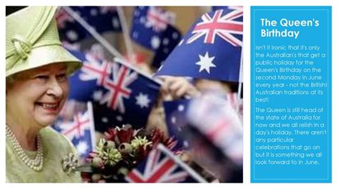 Our national public holidays are new year's day, australia day, good friday, easter monday, anzac day, christmas day and boxing day. traditions and holidays in Australia - презентация онлайн