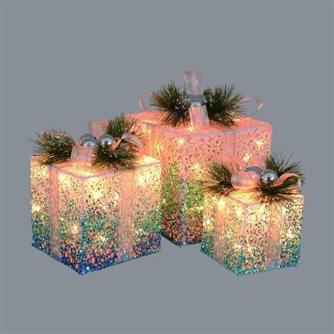 Set Of 3 Blue And White Decorative Lighted Christmas T Boxes Yard