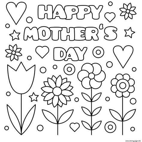 Mothers Day Happy Tulips Flowers Hearts Sign Coloring Page Printable
