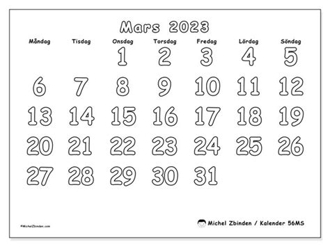 Kalender Mars 2023 För Att Skriva Ut “62ms” Michel Zbinden Se