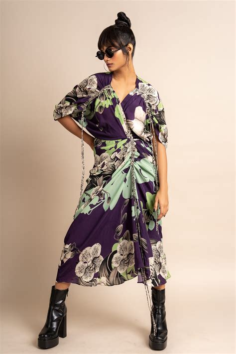 Buy Nupur Kanoi Purple Crepe Floral Print Gathered Dress Online Aza