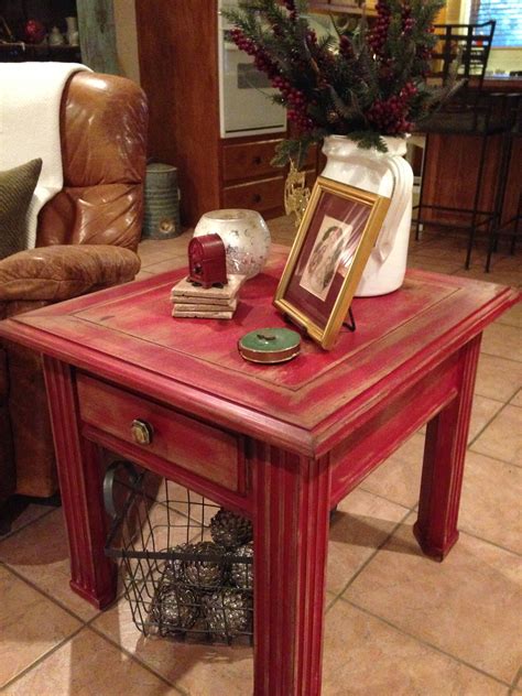 Furniture makeover vintage furniture home furniture furniture design table furniture. End table painted in a barn red and decorated for ...