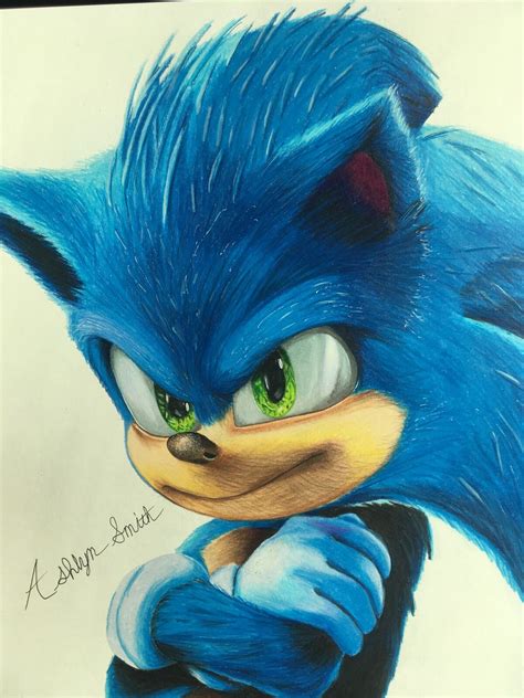 A Drawing Of Sonic The Hedgehog With Green Eyes And Blue Fur On His Face