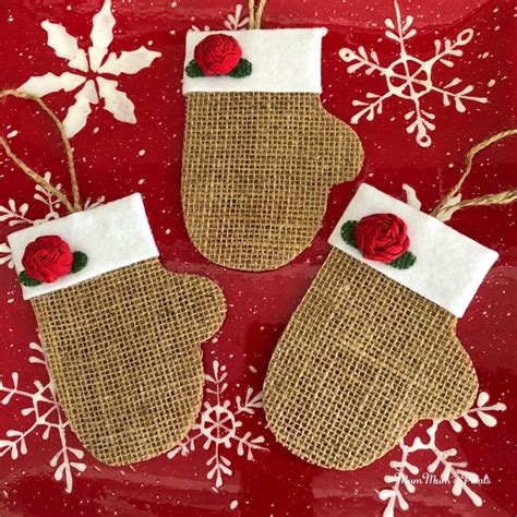 Set Of 3 Christmas Mitten Ornaments Burlap Mittens Christmas Etsy