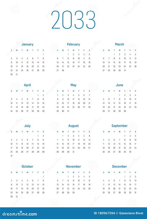 Annual Calendar For 2033 Stock Vector Illustration Of Annual 180967594
