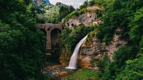 Wallpaper Waterfall Current Trees Bridge Green Water Italy