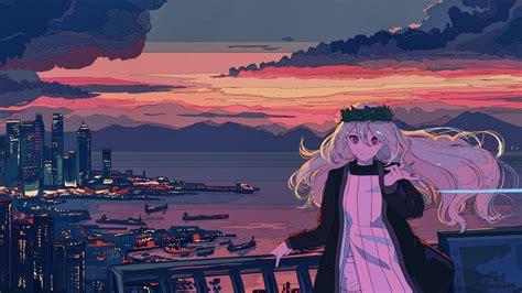 2560x1440 Anime Girl In Balcony Cityscape Sea And Sunset