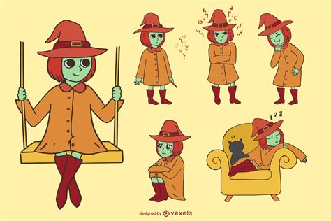 cartoon red head witch girl character set vector download