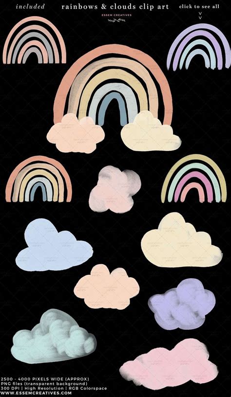 Boho Rainbow And Clouds Clip Art In Bright Pastel Colors Painted In