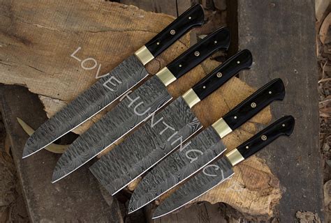 Damascus Steel Kitchen Knife Set 5 Pcs Hand Forged Chef Knife Etsy
