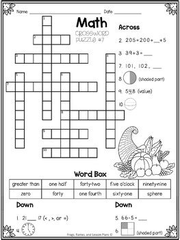 Math crossword puzzles that students will love! 2nd Grade Math Crossword Puzzles - November by Frogs Fairies and Lesson Plans