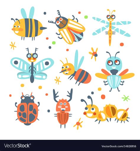 Cute Cartoon Bugs Set Funny Insects Colorful Vector Image