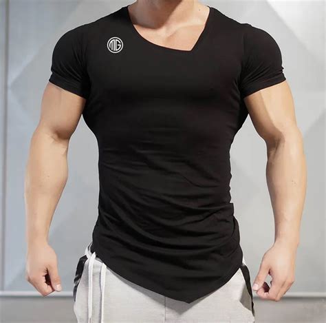 Asymmetric Collar Sports Mens T Shirt Mens Fitness Apparel Mens