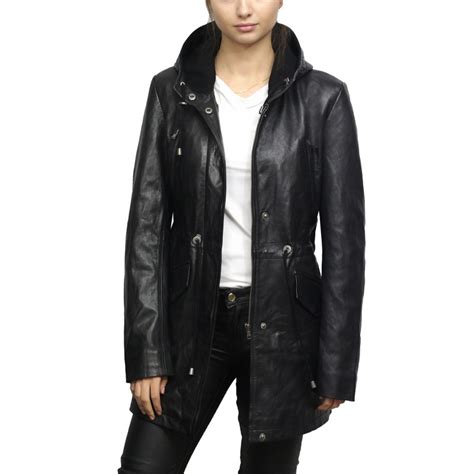 Womens Black Leather Parka Mid Length Quilted Hooded Trench Coat