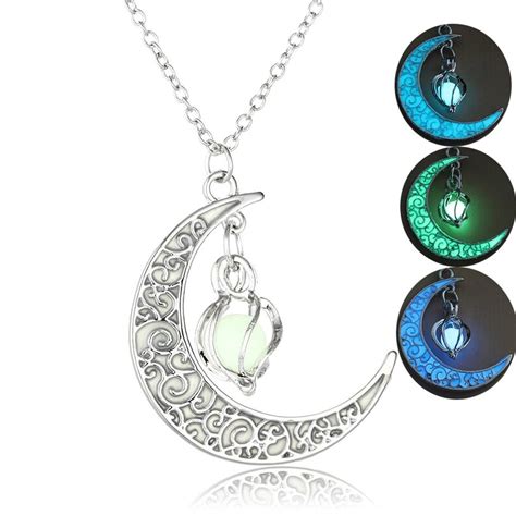 Glow In The Dark Necklace Silver Moon Necklace Glowing Etsy Uk