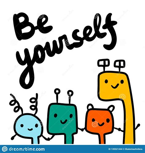 Be Yourself Hand Drawn Illustration With Different Smiling Robots