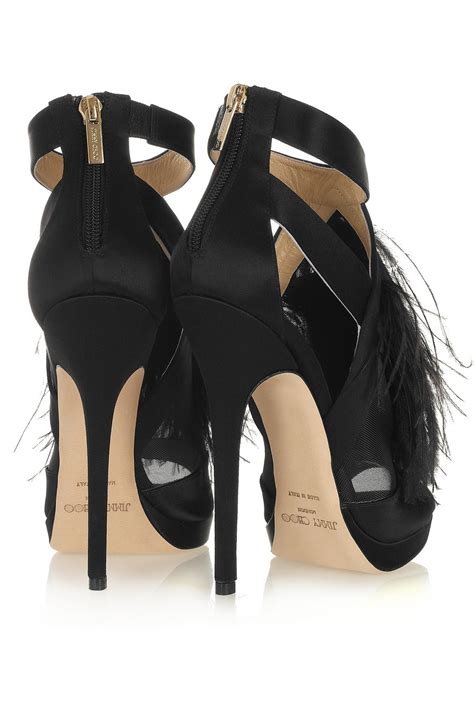 jimmy choo teazer ostrich feather satin platform sandals in black lyst