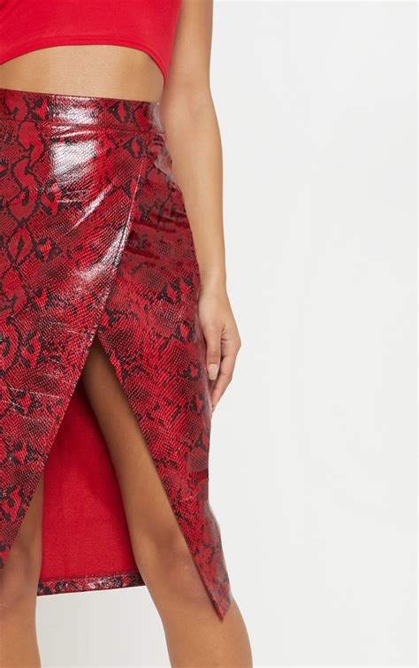 Red Faux Leather Snakeskin Midi Skirt Prettylittlething