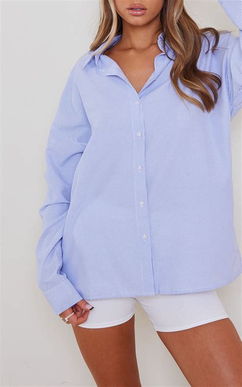 Blue Oversized Cotton Stripe Shirt Tops Prettylittlething Usa