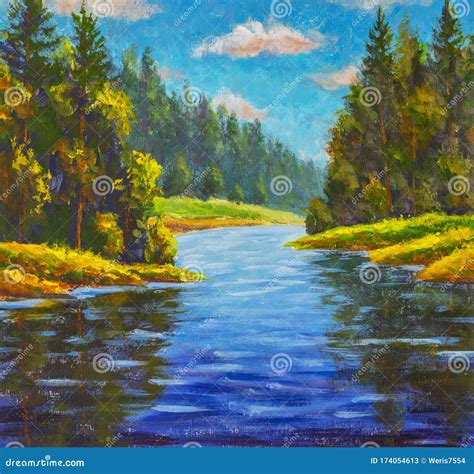 Beautiful River Landscape Acrylic Painting Russian Forest Summer
