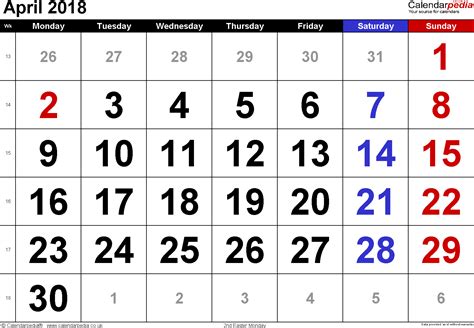 Calendar April 2018 Uk With Excel Word And Pdf Templates