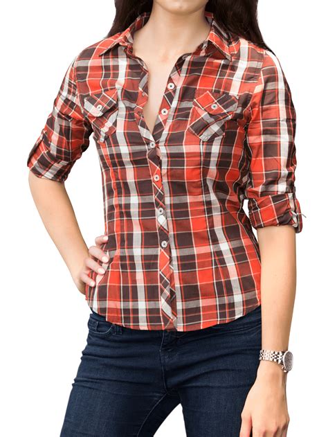 Simlu Womens Cotton Flannel Plaid Button Down Roll Up Long Sleeve Lightweight Shirt Walmart